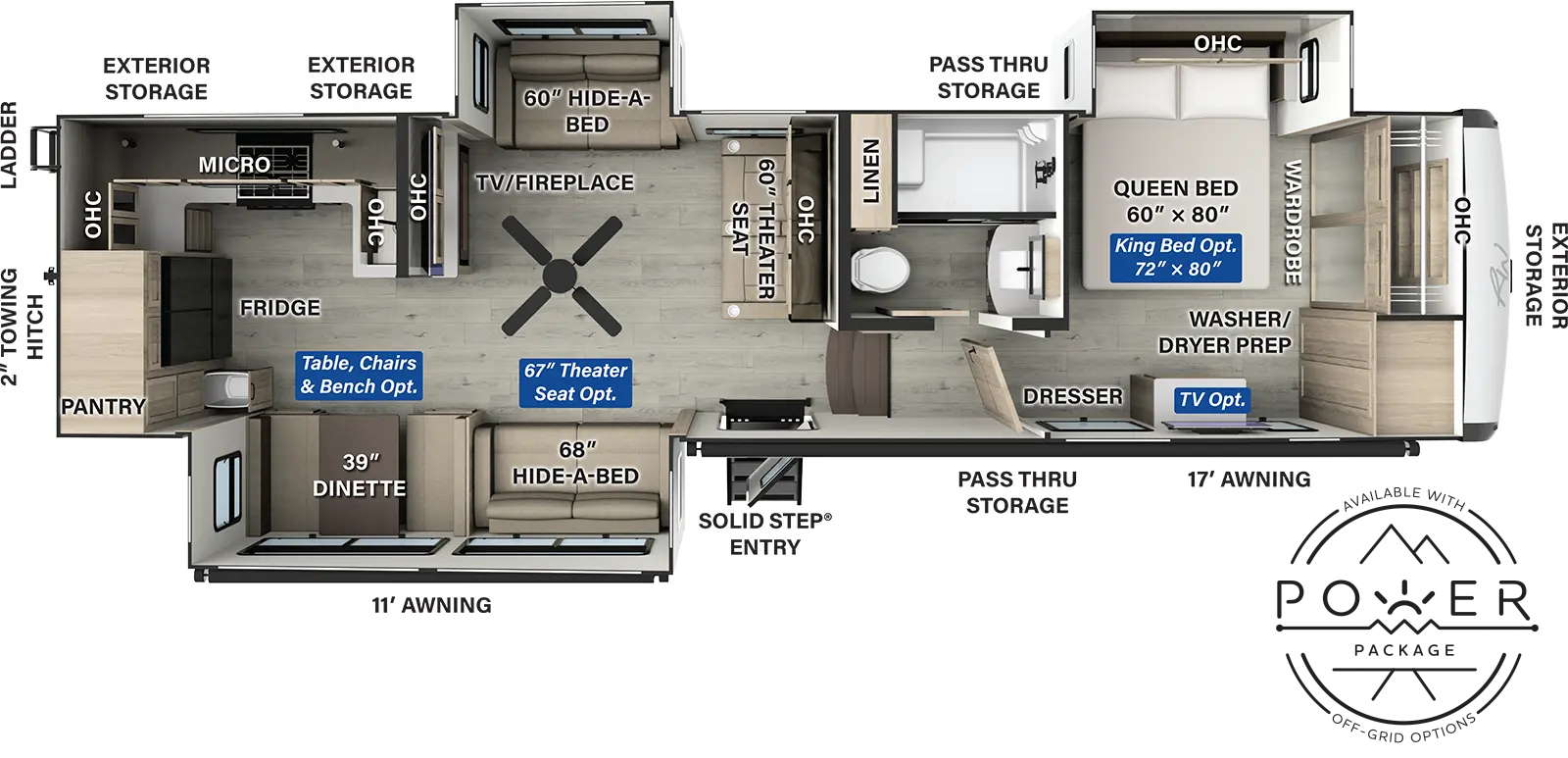 The Rockwood Signature Fifth Wheels R371RK floorplan has one entry and three slide outs. Exterior features include: fiberglass exterior and 11' & 13' awning. Interiors features include: rear kitchen and front bedroom.